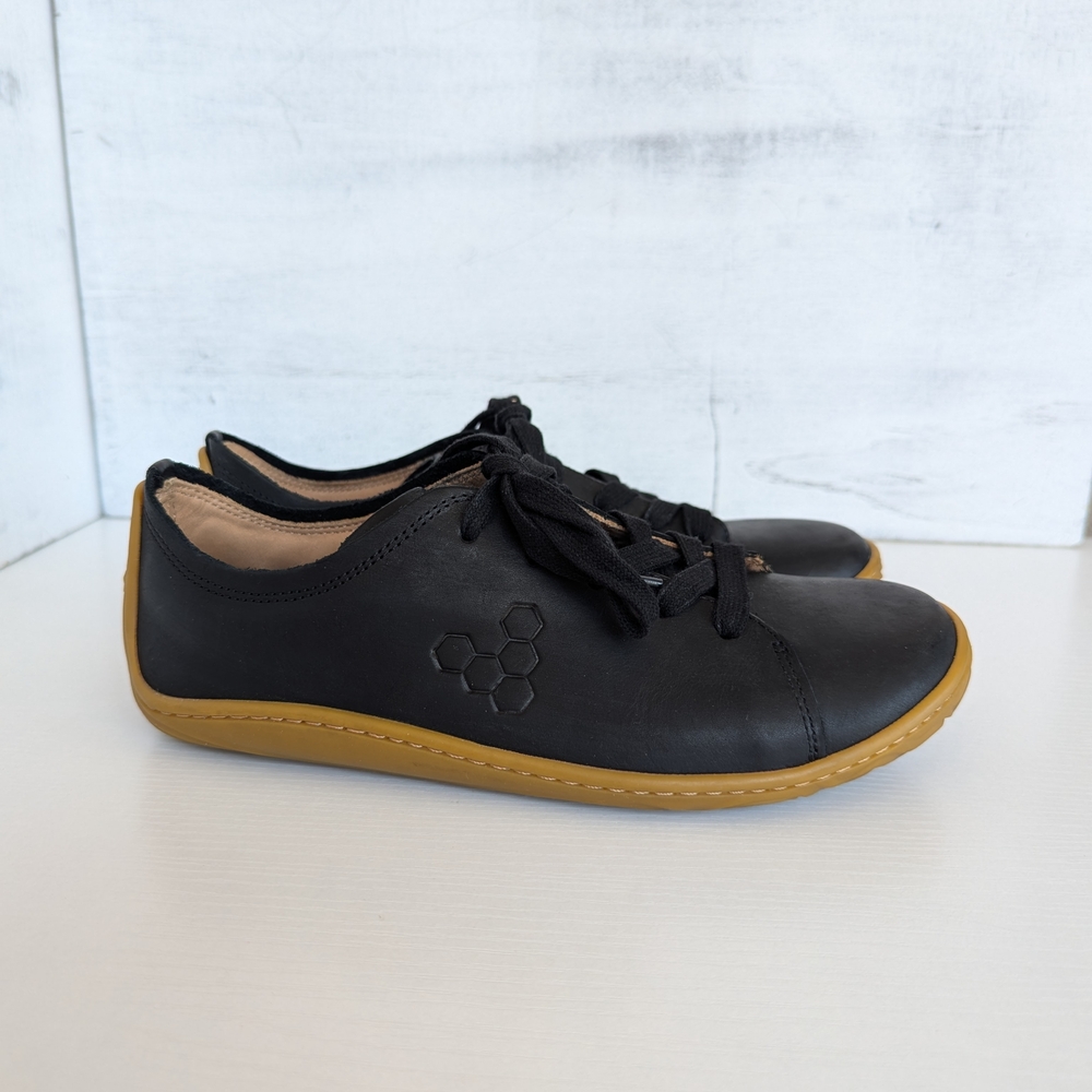 Vivo Barefoot Black Leather Sneakers with Tan Gum Sole